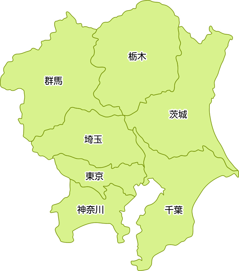 関東一都六県(千葉県、茨城県、栃木県、群馬県、埼玉県、東京都、神奈川県)の地図