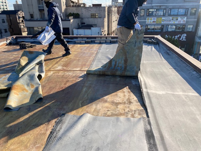 劣化した防水シートを撤去する作業員